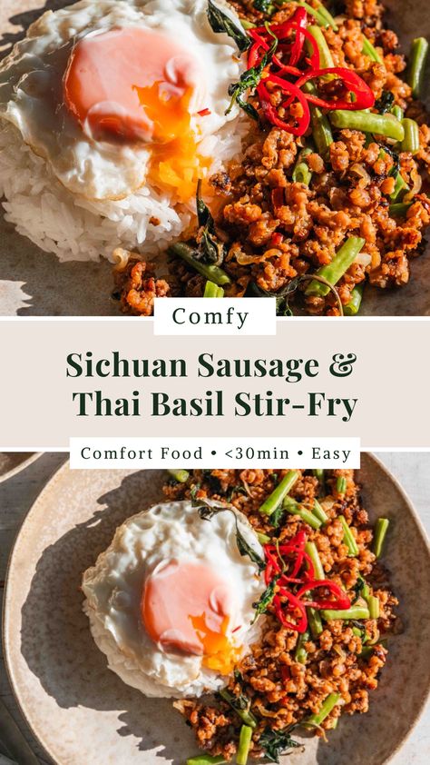 Craving bold flavors? This Sichuan Sausage & Thai Basil Stir-Fry packs a punch with spicy Sichuan pepper, fragrant Thai basil, and juicy sausage. Inspired by pad kra pow, topped with crispy eggs and served over jasmine rice, it’s the perfect dinner for spice lovers. 🌶️🍳 Ready in under 30 minutes, this quick stir-fry is a weeknight winner!

#30minutemeals #sausage #easyrecipes #easydinner #padkrapao Kra Pow, Thai Sausage, Crispy Eggs, Sausage Stir Fry, Mains Recipes, Christmas Content, Quick Stir Fry, Quick And Easy Soup, Sichuan Pepper