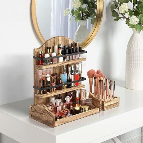 Makeup Stand Ideas, Makeup Organizer Diy, Wood Makeup Organizer, Bathroom Organizer Countertop, Wooden Makeup Organizer, Bamboo Desk, Organize Bathroom Countertop, Dresser Bathroom, Bathroom Counter Organization