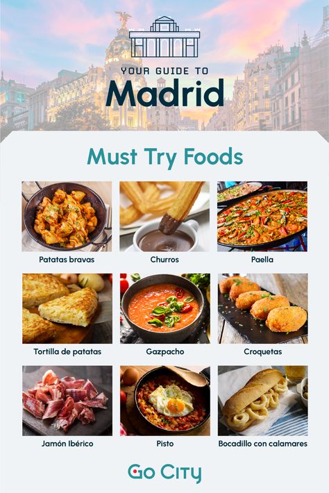 When you're in Madrid you need to eat your way through the city. Here are some of our favorite food options to taste. Places To Eat In Madrid, Madrid Attractions, Food In Spain, Food In Barcelona, Brunch Barcelona, Madrid Food, Madrid Spain Travel, Barcelona Food, Spain Trip