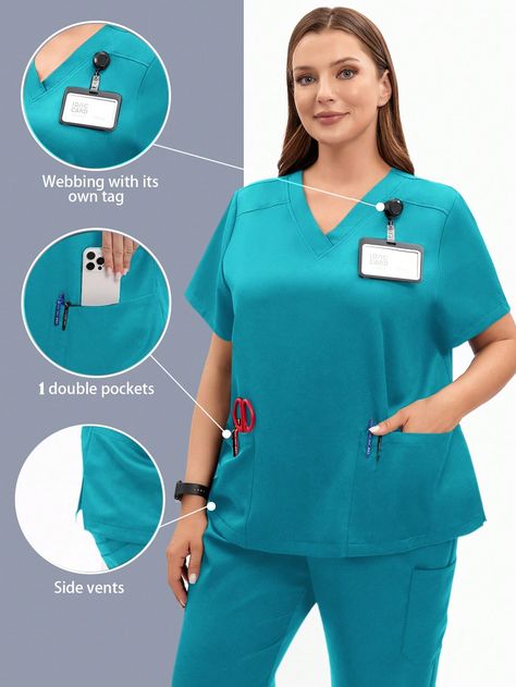 Plus-Size Women's  Uniform,  Top, Beauty Salon Working Clothing,-Scrubs-Nurse Scrubs-Scrubs Uniform-Women Scrubs-Scrub Sets-Scrub Top-Scrub Pants,Business Professional ,Business Casual Plus Overalls Blue Casual  Short Sleeve Woven Fabric Letter,Plain  Non-Stretch  Women Uniforms & Special Clothing, size features are:Bust: ,Length: ,Sleeve Length: Doctor Work Outfit, Scrubs Uniform Cute, Women Scrubs, Surgical Gown, Professional Business Casual, Overalls Blue, Nurse Scrubs, Scrubs Uniform, Women's Uniforms