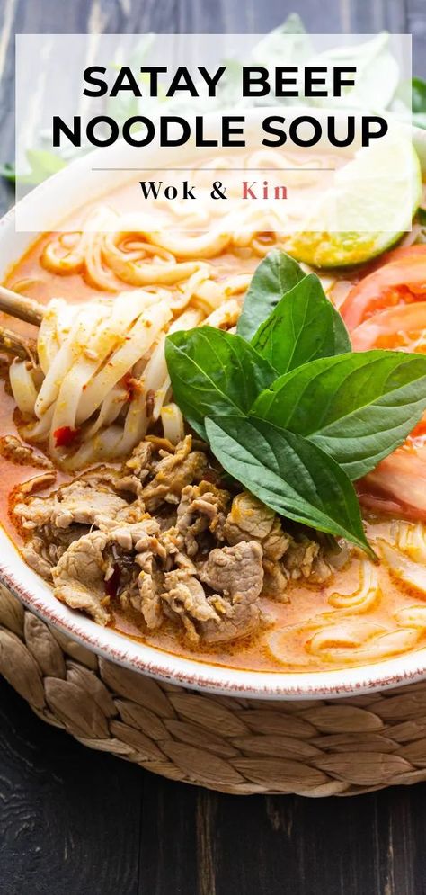 This creamy satay beef noodle soup is my go-to for every winter! You'll love this easy, delicious and warming recipe. #sataybeef #sataybeefnoodlesoup #sataybeefnoodles #chinesefood #noodlesoup Satay Soup, Satay Beef, Beef Satay, Pho Soup, Beef Noodle Soup, Vietnamese Cuisine, Noodle Soup Recipes, Beef Soup, Beef And Noodles