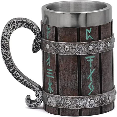 Amazon.com | nordic viking rune mug Beer tankard Cup for men viking gift norse decor stainless steel wooden viking coffee cool mug viking gift for men beer cup stein: Beer Mugs & Steins Vikings Beer, Rune Viking, Wooden Beer Mug, Vikings Gifts, Nordic Vikings, Beer Cup, Viking Runes, Mugs For Men, Great Gifts For Men