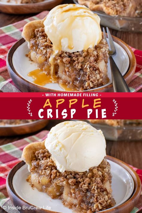 This Apple Crisp Pie Recipe is the best fall dessert. Combining a homemade apple filling and an oatmeal crumb topping creates a perfect blend of sweet and crunchy flavors. Don't miss out on this must-have treat for every holiday. Get the recipe now and satisfy your cravings for apple pie! Apple Crisp Pie Recipe, Oatmeal Crumb Topping, Crunchy Oatmeal, Oatmeal Crumble Topping, Apple Crisp Pie, Pie Homemade, Oatmeal Crumble, Apple Crumb Pie, Apple Pie Recipe Easy