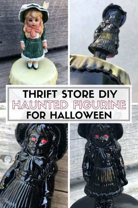 How to Make a Haunted Figurine for Halloween Decor! #diyhalloween #halloween #halloweendecor #halloweendiy #diy #halloweencraft Goth Crafts Diy, Upcycle Halloween, Goth Crafts, Goth Diy Decor, Spooky Dolls, Paint Eyes, Gothic Crafts, Thrift Store Diy, Samhain Halloween