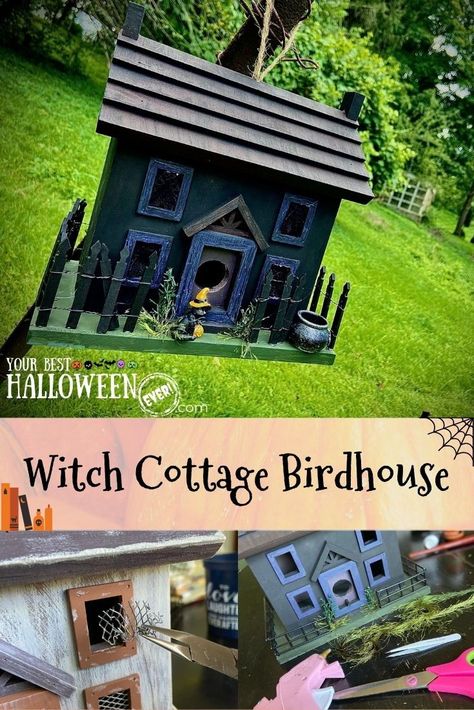 Let's Halloween-ify a regular ole birdhouse! With a fresh coat of paint and a few spooky miniatures, you'll have the spookiest birdhouse on the block with our latest Halloween DIY craft! Tiny Witch House, Halloween Birdhouse, Cottage Birdhouse, Spooky Miniatures, Halloween Craft Projects, Witch Cottage, Halloween Baking, Bird Houses Diy, Halloween Diy Crafts