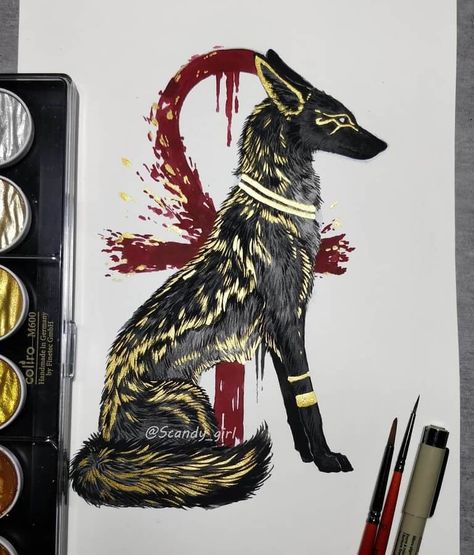 Jackal - Anubis. Mythology and Fantasy in Animal Paintings. Click the image, for more art by Jonna Hyttinen. Jackal Tattoo Design, Jackal Drawing, Jackal Tattoo, Jonna Hyttinen, Arte Viking, Art Viking, Egyptian Tattoo, Viking Art, Mythology Art