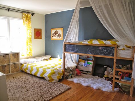 Two Bedrooms and a Baby: TT's Montessori Room / Shared Boy Room Update! Cama Ikea Kura, Kids Floor Bed, Shared Boys Rooms, Montessori Infant Room, Kids Rooms Shared, Kids Shared Bedroom, Montessori Bedroom, Shared Kids Room, Kura Bed