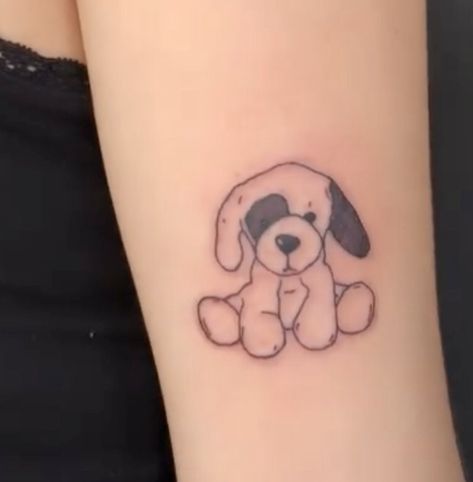 Dog Bowl Tattoo, Stuff Animal Tattoo, Stuffed Dog Tattoo, Dog Stuffed Animal Tattoo, Childhood Pet Tattoo, Childhood Toy Tattoo, Aesthetic Dog Tattoo, Childhood Stuffed Animal Tattoo, Dog Tattoo Aesthetic