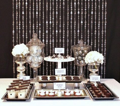 How to make a dessert bar.  I love the idea of varying heights by attaching the trays to something as simple as cups! Dessert Buffet Table, Dessert Party, Interior Vintage, Party Deco, Dessert Buffet, 60th Birthday Party, Beaded Curtains, Karas Party Ideas, Casino Theme Parties