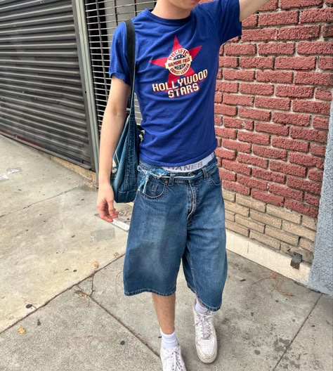 #fashion #shorts #summerstyle #hollywood #streetstyle #streetwear #mensfashion Jnco Jorts Outfit, Jort Outfits Boys, Y2k Shorts Men, Dark Blue Jorts Outfit, Mens Jean Shorts Outfits, Masc Summer Fits, Jorts Outfits Men, Masc Shorts, Jean Shorts Men Outfit