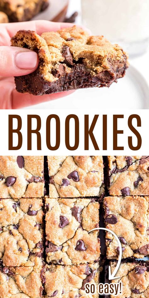 Is it a cookie? A brownie? These giant Brookies are both! This recipe takes gooey chocolate chip cookies and marries them to fudgy brownies for the ultimate treat! Dessert With Brownies, Bro Okie Recipe, Air Fryer Brookies, Chocolate Chip Cookie Desserts Ideas, Brookies Recipes Easy, Homemade Brookie Recipe, How To Make A Brookie, Brookie Cookie Recipe, Easy Brownie Cookie Recipes