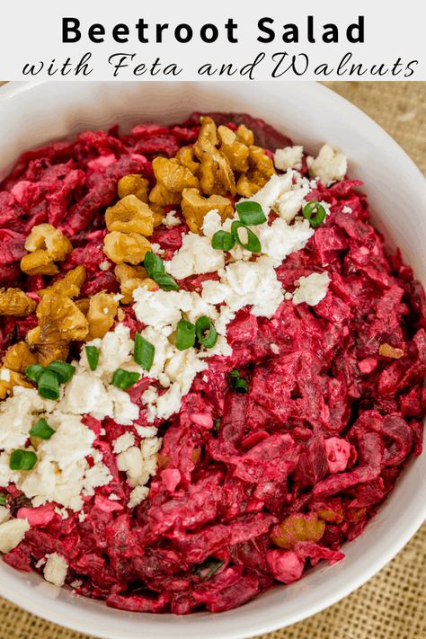 Beet Salad with Feta Cheese and Toasted Walnuts - a classic Russian appetizer, this grated beetroot salad made with fresh garlic is a delicious starter year-round. It is gluten free, vegetarian, and full of vitamins and nutrients from the beets. #russianfood #beets #beetrecipes #glutenfree #vegetarian #feta #walnuts #beetroot #appetizer #recipe Russian Beet Salad, Beet Salad With Feta, Beet Salad Recipes, Feta Cheese Salad, Salad With Feta, Healthy Supper Recipes, Beetroot Salad, Beet Recipes, Best Salad Recipes