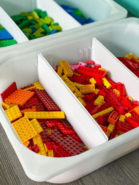 Learn how to make these DIY drawer organizers for every spot in the house! No power tools required! Lego Drawer Storage, Trofast Hack Playrooms, Ikea Trofast Ideas, Trofast Desk Hack, Trofast Diy, Ikea Lego Table, Ikea Lego, Lego Station, Lego Bins