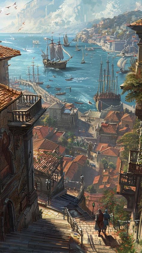 painting, travel, town, water, architecture, city, house, old, street, sea, church, boat, river, art, building Corner Painting, Water Architecture, Architecture City, Fantasy Worlds, Scenery Pictures, River Art, Fantasy City, Old Street, Fantasy Places