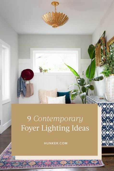 The foyer, the entryway, or any little bit of space where guests are received should be wow-worthy. And while it's important to have a place to hang your coat and take off your shoes, the star of any entrance is the light fixture. No matter your style, contemporary foyer lighting will set the stage for visitors and create a comforting welcome for you. #hunkerhome #entryway #entrywaylighting #lightingideas #contemporarylighting