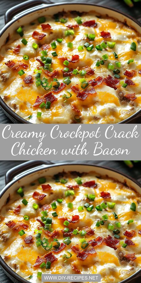 Enjoy a creamy and cheesy meal with this crack chicken recipe. Slow-cooked with ranch seasoning, cheddar, and bacon for maximum flavor! Crockpot Recipes Shredded Chicken, Chicken Bacon Ranch Potato Crockpot, Cheesy Ranch Chicken Crockpot, Fast And Easy Keto Dinners, Chicken Bacon Ranch Crockpot Recipes, Slow Cooker Cracked Chicken Recipe, Crock Pot Cracked Chicken Recipe, Chicken Crockpot Meals Easy, Cracked Chicken Recipe