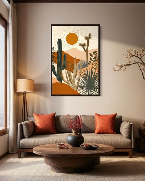 Add a touch of boho charm to your home with this stunning Boho Saguaro Cactus Wall Art. Featuring a cactus in the desert with the sun in the background, this canvas print captures the serene beauty of desert landscapes. The intricate details and vibrant colors make this artwork a perfect focal point for your living room, bedroom, or any space that embraces a bohemian aesthetic. Available framed and ready to hang, this piece offers a stylish and convenient way to elevate your decor. MEASURE YOUR Boho Cactus Wall Art, Cactus Living Room Decor, Modern Southwest Living Room, Desert Aesthetic Decor, Cactus Living Room, Western Apartment, Desert Boho Decor, Modern Boho Living Room Decor, Cactus In The Desert