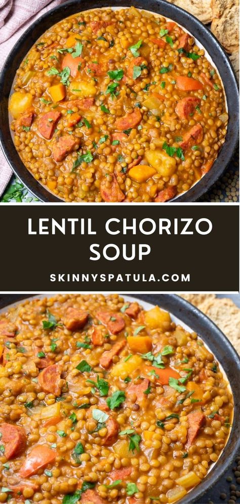 Lentil Chorizo Soup – Skinny Spatula Lentil Chorizo, Soup Sunday, Chorizo Soup, Quinoa Soup, Weekday Dinner, Hearty Soup, Easy Soup, Dinner Inspiration, Easy Soups