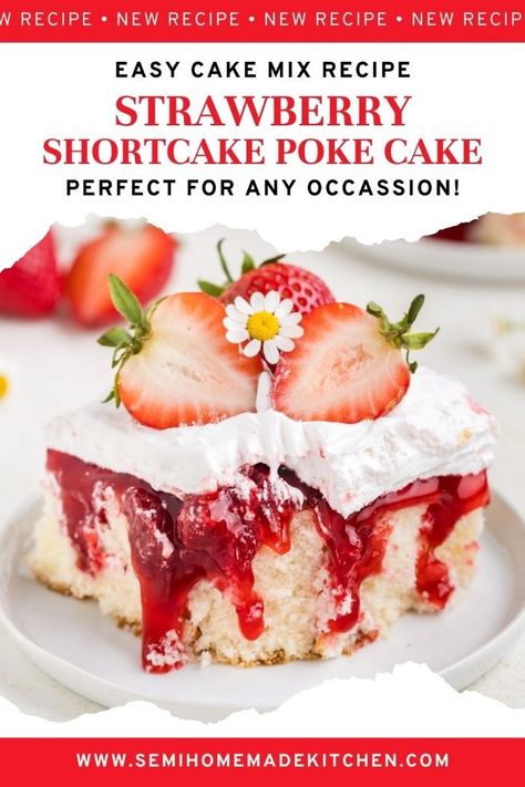 Enjoy a delightful Strawberry Shortcake Poke Cake with this easy recipe! Made with a simple white cake mix, strawberry pie filling, and fluffy whipped topping, this dessert is sure to please. Perfect for summer picnics, family dinners, or anytime you crave a sweet treat. The combination of moist cake, juicy strawberries, and creamy topping makes this poke cake a standout. Make it today and enjoy a delicious twist on the classic strawberry shortcake! Strawberry Pie Cake Recipe, White Cake Mix With Strawberries, Jello Cake Recipe Poke, Strawberry Poke Cake Recipe, Strawberry Shortcake Poke Cake, Cake Strawberry Filling, Strawberry Cake Mix Recipes, Classic White Cake, Jello Cake Recipes