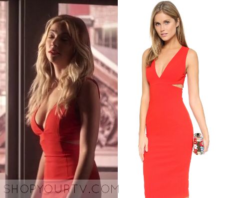 Pretty Little Liars: Season 7 Episode 2 Hanna's Red Cut out Dress | Shop Your TV Twilight Outfits, Pretty Little Liars Outfits, Euphoria Fashion, Hanna Marin, Holy Chic, Worn On Tv, Prom Dress Stores, Clothes Style, Red Outfit