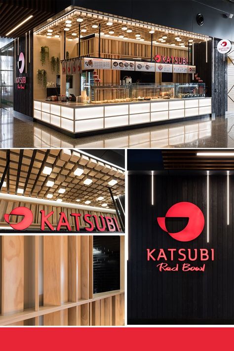 Modern and bold food court tenancy design with back-lit profiles and LED strips highlighting the food displays. The interior design was carefully considered to keep within brand with various use of joinery, feature wall and ceilling - reminiscent of modern Japanese design. Japanese Food Kiosk Design, Japanese Food Court Design, Food Court Design Ideas Architecture, Japanese Kiosk Design, Food Court Counter Design, Foodhall Design, Japanese Kiosk, Food Court Design Ideas, Modern Food Court