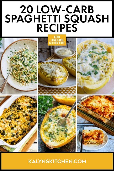 Pinterest image collage of six different Low-Carb Spaghetti Squash Recipes ready to serve. Veggie Spaghetti Squash Recipes, Meatless Spaghetti Squash Recipes, Stuffed Spaghetti Squash Recipes, Low Carb Spaghetti Squash Recipes, Low Calorie Spaghetti Squash Recipes, Health Spaghetti Squash Recipes, Low Cal Spaghetti Squash Recipes, Spagetti Squash Recipes Healthy Low Carb, Low Sodium Spaghetti Squash Recipes