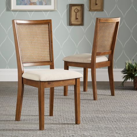 Complete your casual dining ensemble with the Eleanor Beige Linen Rattan Back Dining Chairs (Set of 2) from iNSPIRE Q Classic. This set of two chairs have a traditional look to them that make them fit right in with vintage or farmhouse themes. Head Dining Chairs, Dinning Table And Chairs, Dining Chair Makeover, Rattan Bench, Home Goods Furniture, Shabby Chic Dining, Kursi Bar, Furniture Rattan, Midcentury Modern Dining Chairs