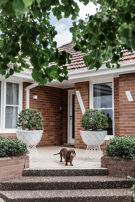 Art Deco Brick House, Red Brick Renovation, Australian Brick House Exterior Makeover, Red Brick House Exterior Makeover, Art Deco Patio, Clinker Brick House, Yellow Brick Houses, Brick House Exterior Makeover, Red Brick House Exterior