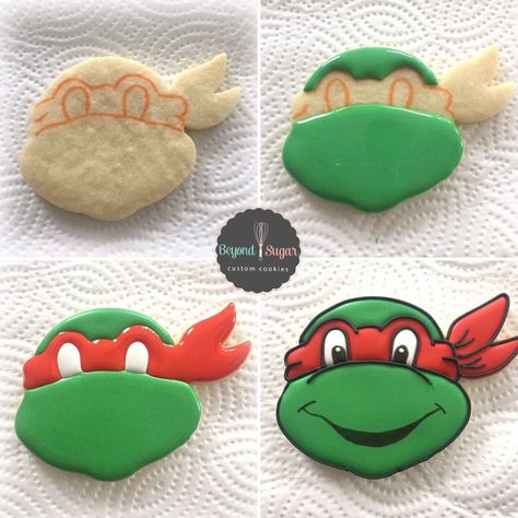 Party Food Dinosaur, Birthday Party Food Dinosaur, Turtle Cookies Decorated, Turtle Decorated Cookies, Ninja Turtle Birthday Cookies, Ninja Turtle Pizza Cookies, Ninja Turtle Cookies Decorated, Ninja Turtle Royal Icing Cookies, Tmnt Cookies Decorated