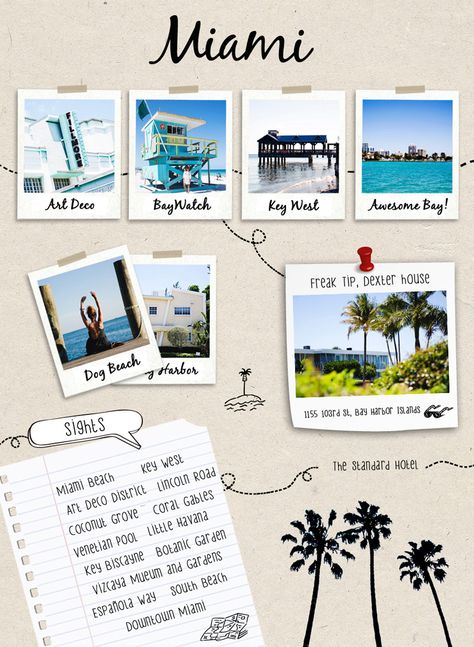 USA ROAD TRIP GUIDE II | Collage Vintage Travelogue Ideas Layout Aesthetic, Trip Collage, Travel Guide Design, Usa Road Trip, Miami Art Deco, Travel Art Journal, Travel Collage, Buch Design, Instagram Grid