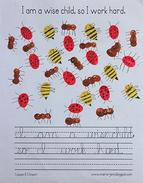 Ii for Insect {MFW Kindergarten Printables} « Mama Jenn Ladybug Finger Print, Fingerprint Insects, Finger Print Bugs, Ant Inquiry Kindergarten, Insect Inquiry Kindergarten, Butterfly Lessons, Kindergarten Handwriting, Thumbprint Art, Fingerprint Crafts