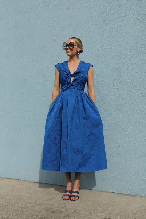 SUMMER BLUES (Atlantic-Pacific) Casual Blue Dress Outfit, Blue Dress Street Style, Midi Blue Dress, Summer Cocktail Attire, Baby Blue Dress, Blair Eadie, Summer Blues, Baby Blue Dresses, Atlantic Pacific