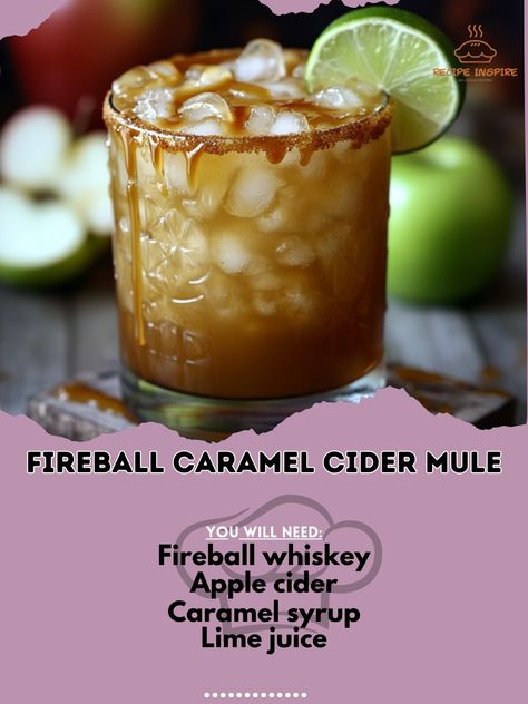 Turn up the heat with this Fireball Caramel Cider Mule—a spicy, sweet, and cozy drink for the fall season! 🍂🔥 #FallCocktails #CaramelMule Fireball Caramel Cider Mule Ingredients: Fireball whiskey (2 oz) Apple cider (1 cup) Caramel syrup (1 oz) Lime juice (1/2 oz) Ginger beer (2 oz) Ice cubes (as needed) Caramel drizzle (for garnish) Instructions: In a shaker, combine Fireball whiskey, apple cider, caramel syrup, and lime juice with ice. Shake well and strain into a glass filled with ice. ... Carmel Apple Moscow Mule, Carmel Apple Moscow Mule Recipe, Apple Cider Moscow Mule Recipe Pitcher, Caramel Apple Cider Mule, Apple Pie Moscow Mule, Fireball Caramel, Whiskey Apple Cider, Cider Mule, Cider Moscow Mule