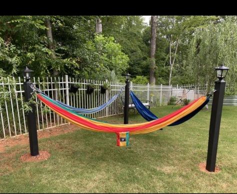 Hang A Hammock Without Trees, Backyard Hammock Posts, Hamack Stand Diy, Hang Hammock Without Trees, Hammock Poles Backyard, Posts For Hammock, Hammock In Garden Ideas, Diy Backyard Hammock Area, Hammock Posts Backyards