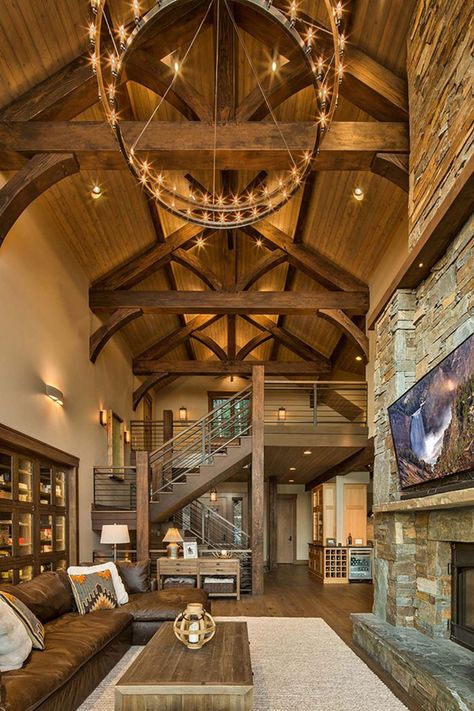 We Do Love Luxury Rustic Dream Homes (26 Photos) – Suburban Men Barndo Stairs, Barndominium Stairs, Living Room With Loft, Cool Cabins, Room With Loft, Log Cabin Interior Design, Priest Lake Idaho, Wood Cabins, Rustic Ideas