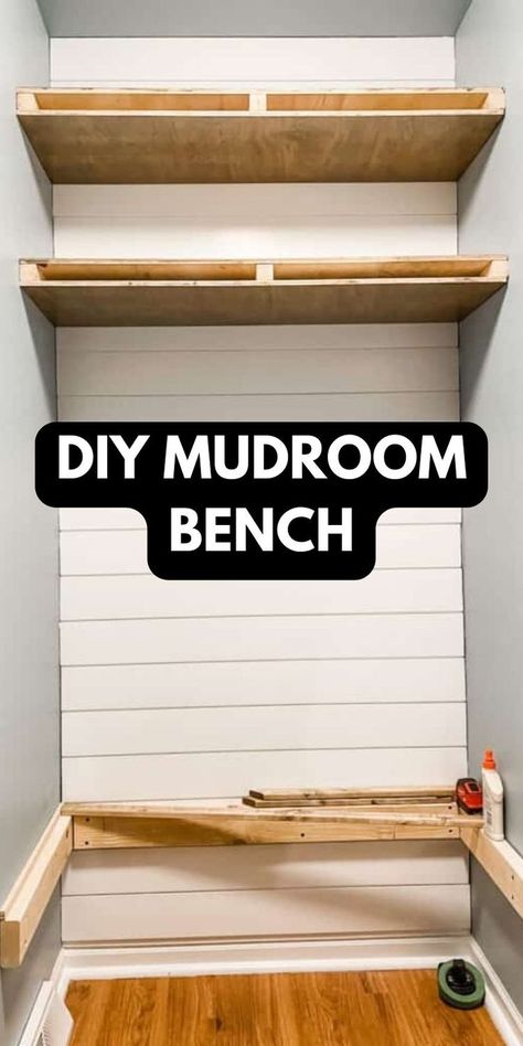 In progress image of a mudroom floating bench with shoe storage underneath. The text over the image reads, "DIY mudroom bench". Tidy Wardrobe, Closet Bench, Small Mudroom, Small Mudroom Ideas, Mudroom Remodel, Diy Entryway Bench, Mudroom Closet, Shoe Bench Entryway, Mudroom Makeover