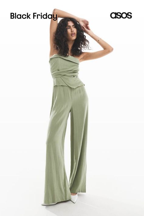 Jumpsuits & Rompers by ASOS DESIGN One-piece wonder Bandeau style Sleeveless style Back zip closure Wide leg Sage Green Fashion, Bandeau Jumpsuit, Winter Party Dress, Long Sleeve Floral Dress, Satin Slip Dress, Maxi Dress Trend, Petite Maternity, Prom Party Dresses, Floral Dress Black