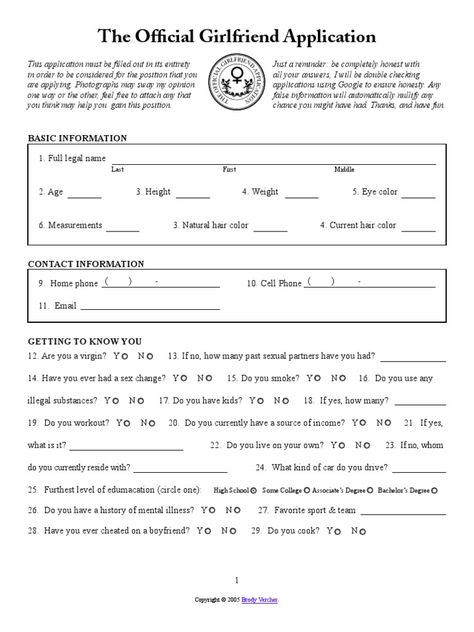 Girlfriend Application from http://www.sixgunsblazing.com Gf Application Form, Girlfriend Application Form, The Official Girlfriend Application, Best Friend Application, Girlfriend Application, Boyfriend Application, Funny Certificates, Friend Application, Funny Lists