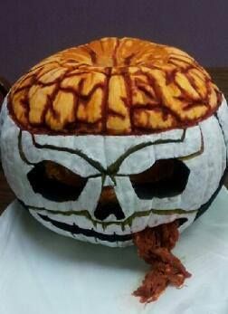 Brain Pumpkin Painting, Anatomy Pumpkin Carving, Pumpkin Carving Brain, Zombie Painted Pumpkin, Skull Candy Pumpkin Painting, Pumpkin Paint Pour, Brain Painting, Homemade Pinata, Pumpkin Carving Contest