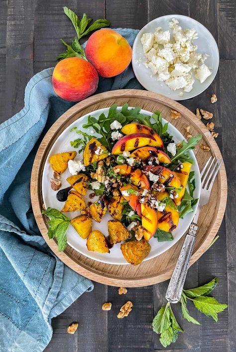 Beet, Peach & Goat Cheese Salad Peach Goat Cheese, Beets And Goat Cheese, Beet Noodles, Unique Salad, Beet And Goat Cheese, Red Beets, Walnut Salad, Grilled Peaches, Goat Cheese Salad