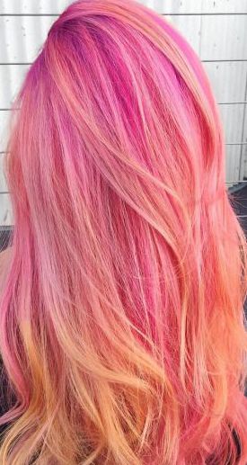 Blonde And Coral Hair, Pink Orange And Blonde Hair, Sunset Pink Hair, Hair Color Bright Colors, Pink And Coral Hair, Coral Hair Ombre, Pastel Pink And Orange Hair, Pink Sunset Hair, Pastel Sunset Hair