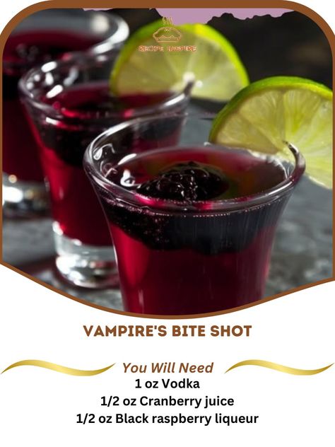 Get ready to impress your friends with this spooky and delicious Vampire's Bite Shot! Perfect for Halloween parties! 🧛‍♀️🔮🥃 #SpookyShots #HalloweenDrinks #VampireVibes  Ingredients:  - 1 oz Vodka  - 1/2 oz Cranberry juice  - 1/2 oz Black raspberry liqueur   Directions:  In a shot glass, combine the vodka, cranberry juice, and black raspberry liqueur. Stir gently to mix the ingredients. Serve immediately and enjoy your spooky shot! Halloween Shotcuterie, Vampire Alcoholic Drinks, Spooky Alcoholic Drinks, Halloween Theme Drinks, Halloween Alcoholic Drinks, Fun Halloween Drinks, Spooky Drinks, Halloween Recipes Drinks, Bartender Drinks Recipes