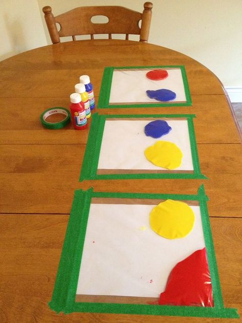 Paint in ziplock bags, taped to table. Great distraction, no mess! - Glamourization Toddler Snacks, Ziplock Bags, Toddler Fun, Finger Painting, Craft Activities For Kids, Toddler Crafts, Craft Activities, Art Project, Projects For Kids