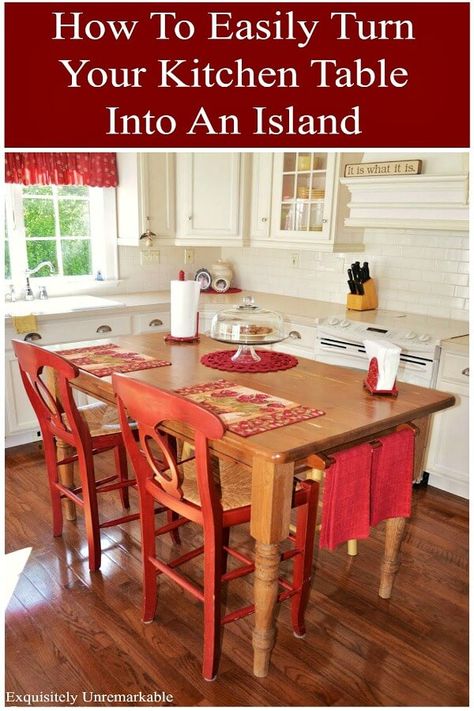 How To Make A Farmhouse Island Out Of A Kitchen Table Red Kitchen Tables, Homemade Kitchen Tables, Dapur Rustic, Diy Kitchen Table, Farmhouse Chairs, Diy Table Decor, Farmhouse Kitchen Tables, Kitchen Island Table, Farmhouse Kitchen Island