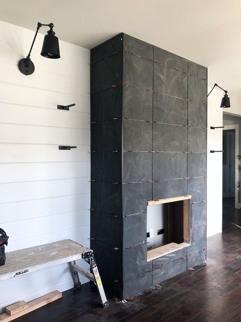 Diy Fireplace Wall, My Husband Is Amazing, Tiled Fireplace Wall, Diy Ninja, Fireplace Walls, Tall Fireplace, Tile Fireplace, Fireplace Tile Surround, Black Tile