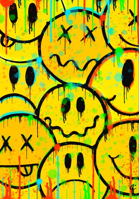 Smiley Face Painting, 90s Painting Ideas, Emoji Artwork, Smiley Face Art, Smiley Art, Drippy Smiley Face, Frowny Face, Trippy Patterns, Face Collage