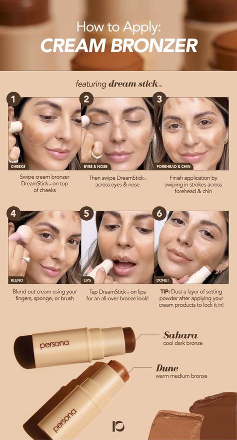 A natural, everyday approach to applying cream bronzer with the Persona Cosmetics DreamStick. You'll need: Cream bronzing multi-stick like DreamStick. Synthetic blending brush like Powerbrush. Your fingers! | Shop them here: https://bit.ly/3h0Eo5L How Do You Apply Cream Bronzer, How To Apply Bronzer Stick, Cream Bronzer How To Apply, How To Apply Cream Bronzer, Bronzer Stick Tutorial, Bronzer Tips, Persona Cosmetics, Dot Makeup, Apply Bronzer