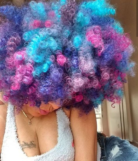 Pink blue curly hair Blue And Pink Hair Curly, Galaxy Dyed Hair, One Purple Streak In Hair, Pink And Blue Hair Dye Ideas, Pink And Blue Curly Hair, Pink And Blue Natural Hair, Light Blue Curly Hair, Pink Blue Purple Hair, C4 Hair