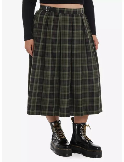 Thorn & Fable Green Plaid Midi Skirt Plus Size Green Gingham Skirt, Cabin Closet, Dark Academia Outfit Plus Size, Plus Size Dark Academia, Hobbit Fashion, Midi Skirt Plus Size, Goth Cottagecore, Plus Size Goth, Plus Size Hot