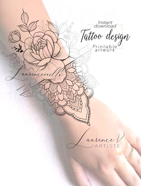 Wildflower Mandala, Mandala Floral Tattoo Design, Mandala Floral Tattoo, Mandala Tattoo Stencil, Thigh Sleeve Tattoo, Tattoo Printable, Diamond Tattoo Designs, Printable Stencil, Printable Tattoos